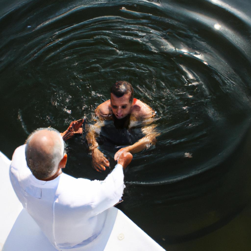 Person being baptized in water