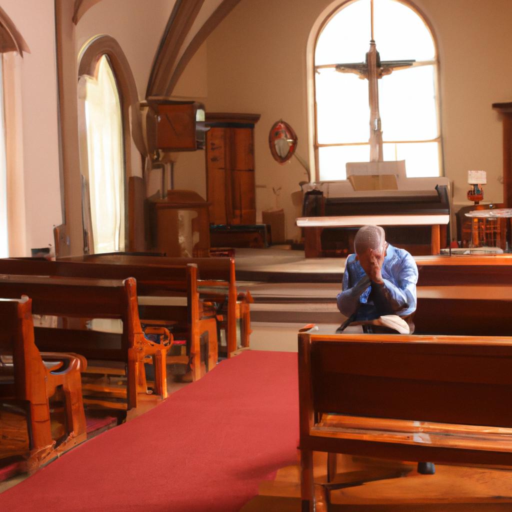 Person praying in church pews