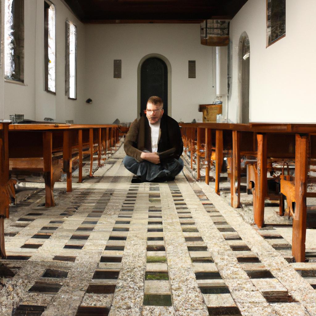 Person meditating in church setting